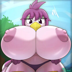 1girls animal_crossing annoyed annoyed_expression avian beak becky_(animal_crossing) big_breasts bird breasts chicken eyelashes female galliform hands_on_hips huge_breasts huge_nipples hyper hyper_breasts low-angle_view low_angle miso_souperstar nintendo pink_body pink_feathers purple_feathers purple_hair purple_nipples purple_underwear sky tree underwear yellow_beak