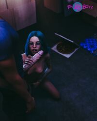 1girls 3d arm_tattoo depth_of_field erin_(thelostboyz) female glasses handjob indoors licking_lips nude nude_female slushe_(website) small_breasts tattoo thelostboyz viewed_from_above