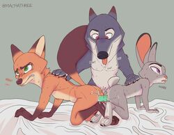 1girls 2boys 3_toes 4_fingers anal anal_sex animal_genitalia animal_penis anthro ass bodily_fluids canid canine canine_penis canis dildo dildo_in_ass dildo_in_pussy dildo_insertion disney double_dildo feet female fingers fox fur genitals grey_body grey_fur judy_hopps lagomorph larger_male leporid machathree male male/male mammal musk nick_wilde nude orange_body orange_fur pawpads paws penetration penis rabbit red_fox saliva sex_toy sex_toy_in_ass sex_toy_in_pussy sex_toy_insertion size_difference smaller_female threesome toes tongue vaginal_penetration wolf zootopia