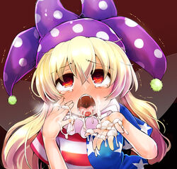 american_flag american_flag_shirt blonde_hair blush bukkake clownpiece cum cum_in_mouth empty_eyes facial fairy_wings female fuurisuto hair_between_eyes hat jester_cap long_hair looking_at_viewer neck_ruff open_mouth polka_dot purple_headwear red_background red_eyes short_sleeves simple_background solo star_(symbol) star_print striped tears tongue tongue_out touhou transparent_wings upper_body uvula wings