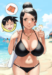 1boy 1girls beach big_breasts bijin_onna_joushi_takizawa-san bikini bikini_bottom bikini_top black_hair breasts breasts_bigger_than_head conto female female_focus hourglass_figure huge_breasts looking_at_viewer male mole mole_under_mouth navel smile takeda_kouta takizawa_kyouko thumbs_up