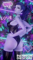 1girls 3d ass blender blizzard_entertainment cute detailed_background diescope female female_only heart hi_res latex latex_bodysuit latex_stockings latex_suit latex_swimsuit looking_at_viewer love neon overwatch purple_hair purple_skin smile smiling smiling_at_viewer solo solo_female swimsuit thighs widowmaker yellow_eyes