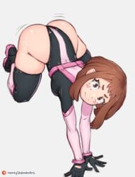 1girls ass blush breasts brown_eyes brown_hair eye_contact female gloves honeyshaman leotard looking_at_viewer my_hero_academia ochako_uraraka short_hair smile solo thigh_gap thighs