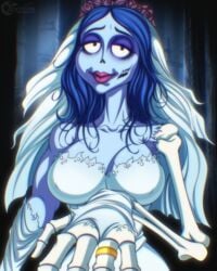 2021 big_breasts blue_hair blue_skin cleavage corpse_bride emily_(corpse_bride) lipstick long_blue_hair long_hair looking_at_viewer pink_lipstick self_upload smiling_at_viewer tenjosan tim_burton warner_brothers wedding_dress wedding_ring wedding_veil zombie zombie_girl