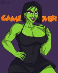 banjo-kazooie big_breasts black_dress evil_smile female game_over_gruntilda green_skin gruntilda hand_on_hip lipstick muscular muscular_female tenjosan tugging_clothing