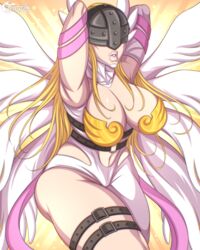 1girls 8_wings angel angel_wings angewomon armpits arms_behind_back big_breasts big_lips big_lips_no_eyes blonde_hair breasts cleavage covered_eyes digimon female long_hair posing solo tenjosan thick_lips voluptuous wings