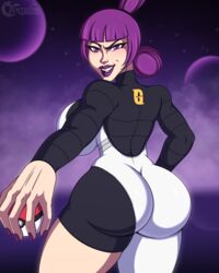 ass ass_focus big_ass big_breasts big_butt bodysuit ceres_(pokémon) jupiter_(pokemon) lipstick pokeball pokemon pokemon_dppt purple_eyes purple_hair sideboob spandex team_galactic tenjosan