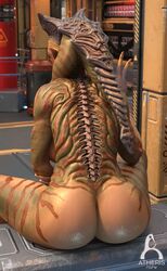 3d ake'sha_(atherisnsfw) alien alien_girl ass atherisnsfw cleavage elf_ears leg_up monster_girl nude nude_female peace_sign phessai_(atherisnsfw) pinup pointy_ears slushe_(website) smile tagme window