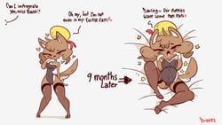 1girls anthro ass baozi_(diives) before_and_after before_and_during_pregnancy diives female female_only furry impregnation_request pregnant solo text time_skip xingzuo_temple