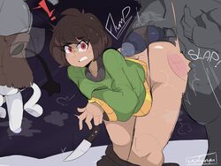 ! 1girls 2boys ass ass_slap big_penis bottomless brown_hair chara female humanoid_penis imminent_rape knife large_penis maledom monster pants pants_down penis penis_on_ass rape red_eyes red_hair short_hair spank_marks spanking surprised thick_thighs thighs undertale uuforya wide_hips