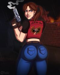 ass big_ass big_butt claire_redfield clothing female firearm gun human jeans lips looking_back ponytail resident_evil resident_evil_code_veronica tenjosan tight_pants weapon