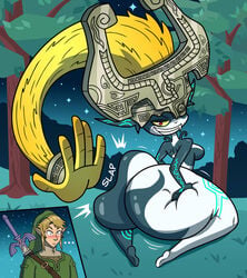 1boy 1girls ass ass_grab back_view big_ass blonde_hair blush body_markings bubble_ass bubble_butt drawsputin female glowing_markings grabbing_own_ass helmet hi_res imp imp_midna implied_erection link link_(twilight_princess) long_hair looking_at_viewer looking_back midna nintendo pointy_ears red_eyes seductive seductive_look seductive_smile shortstack smelly_ass the_legend_of_zelda thick_ass thick_legs thick_thighs twilight_princess yellow_sclera