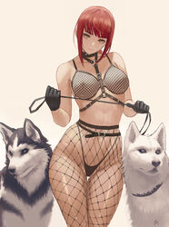 1girls 2animals absurd_res animal areolae black_panties breasts canine chainsaw_man domestic_dog female female_focus female_only fishnet_topwear fishnets harness high_resolution hips holding_object horse_whip large_breasts leash makima_(chainsaw_man) makima_dogs nipples panties red_eyes red_hair simple_background slim_waist thick_thighs thigh_gap thighs thong very_high_resolution whip white_background wide_hips zefra_bleu