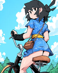 ass bicycle black_eyes black_hair black_panties black_thong blush dress exposed_panties looking_at_viewer looking_back lucia_(scott_malin) outside panties pantyshot scott_malin short_dress sitting tagme the_panty_bear thighs thong underwear upskirt