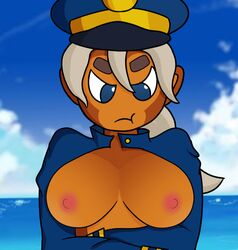 1girls admiral_brickell areolae big_breasts bloons_td_6 bloons_tower_defense blue_eyes breasts brown_eyebrows brown_fur crossed_arms exposed_breasts female female_only large_breasts mammal monkey monkey_girl ninja_kiwi nipples ocean pout primate sailor solo standing white_hair