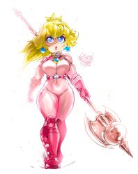 1girls axe belt blonde_hair blue_eyes bodysuit child_bearing_hips clothing crown earrings female female_only footwear full_body handwear hi_res human jumpsuit long_hair mario_(series) nintendo pale_skin princess_peach red_lips simple_background solo spear standing super_mario_bros._(2023_film) thegoldensmurf thick_thighs weapon white_background wide_hips