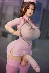 1futa 3d asian_futanari balls big_breasts blender bottomless breasts casual cock_sleeve_(clothes) cock_sock condom erection fatal_fury futa_only futanari genitalwear huge_cock king_of_fighters large_breasts mai_shiranui mostly_clothed neckwear nurse penis shadowboxer snk solo testicles