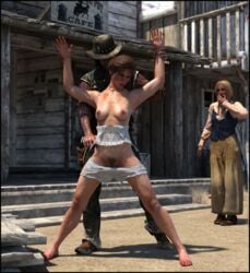 1boy 2girls 2girls1boy 3d blonde_hair bonnie_macfarlane brown_hair colmarq eyeless_male firearm gun handgun john_marston lingerie mary-beth_gaskill medium_breasts outdoor outdoor_nudity outdoor_sex outdoors outside panties pubic_hair rape red_dead_redemption_(series) red_dead_redemption_2 revolver slushe_(website) small_breasts underwear undressing weapon