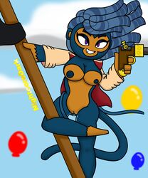 1girls admiral_brickell alternate_costume areolae balloon big_breasts bloons_td_6 bloons_tower_defense blue_fur blue_nipples breasts dread_pirate_brickell female female_focus female_only gun large_breasts mammal monkey monkey_girl nightcoredark nipples nude pistol primate purple_eyes pussy pussy_juice pussy_juice_drip smile solo tail weapon wet_pussy wide_hips