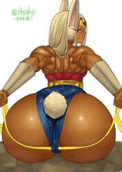 1girls ass big_ass big_breasts big_butt bottom_heavy breasts bubble_ass bubble_butt dark-skinned_female dark_skin fat_ass fat_butt female female_focus female_only huge_ass huge_butt large_ass large_butt looking_at_viewer looking_back miruko muscles muscular muscular_back muscular_female my_hero_academia rumi_usagiyama shosho_oekaki thick_ass thick_thighs white_background white_fur white_hair wide_hips wonder_woman_(cosplay)