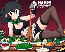 black_bra black_eyes black_hair black_panties blush bra breasts cleavage english_text food food_play looking_at_viewer lucia_(scott_malin) lying no_shoes on_side panties scott_malin smug tagme text thanksgiving the_panty_bear thighhighs