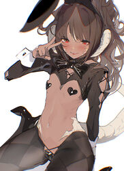 1girls au_ra bangs black_bow black_bowtie black_footwear black_heart_pasties black_legwear black_pasties blush bow bowtie chromatic_aberration dark-skinned_female dark_skin facial_mark female female_focus final_fantasy final_fantasy_xiv flat_chest forehead_mark heart_pasties high_heels highres horns kaede_(sayappa) maebari meme_attire navel pasties pussy pussy_peek rabbit_ears raen red_eyes reverse_bunnysuit reverse_outfit scales simple_background sitting smile solo solo_female tail v wariza white_background