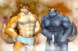 abs anthro balls barrel_(live-a-hero) canid canine canis duo fire flaccid flaming_hair flaming_mane furlong_(live-a-hero) genitals hyaenid lifewonders live-a-hero male male/male mammal muscular muscular_anthro muscular_male nazimi00 nipples pecs penis pseudo_hair pseudo_mane sauna steam towel video_games wolf