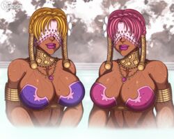 2girls asura's_wrath big_breasts big_lips big_lips_no_eyes capcom covered_eyes hot_spring lipstick tenjosan twins wet wet_body