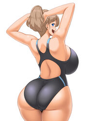 arms_up big_ass big_breasts blue_eyes brown_hair busty butt_crack female female_only huge_ass huge_breasts intrepid_(kantai_collection) kantai_collection kawanuma_uotsuri light_brown_hair looking_at_viewer looking_back one-piece_swimsuit open_mouth ponytail sideboob skin_tight smile solo swimsuit thick_thighs tight_clothing top_heavy tying_hair voluptuous wide_hips