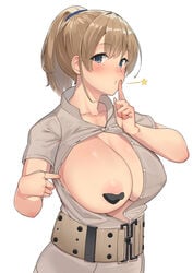 big_breasts blue_eyes blush brown_hair cleavage female female_only finger_to_mouth intrepid_(kantai_collection) kantai_collection light_brown_hair looking_at_viewer nipple_slip no_bra one_breast_out open_clothes osananajimi_neko pasties ponytail short_sleeves solo unbuttoned upper_body