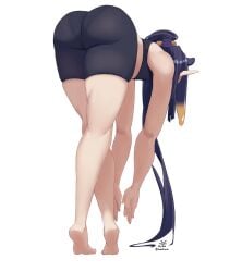 1girls 2d abs ass athletic_female back_view barefoot bent_over bl/ess elf_ears fan_mascot_(vtuber) female female_focus female_only fit_female flat_chest flat_chested hi_res hololive hololive_english hololive_myth leggings legs long_hair midriff ninomae_ina'nis orange_hair pantylines pointy_ears ponytail purple_hair small_breasts solo solo_female solo_focus sports_bra sportswear stretching tako_(ninomae_ina'nis) thick_ass very_long_hair virtual_youtuber