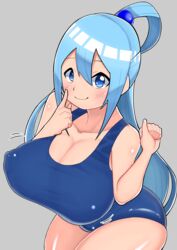 1girls aqua_(konosuba) big_breasts blue_eyes blue_hair breasts finger_on_cheek grey_background huge_breasts kono_subarashii_sekai_ni_shukufuku_wo! large_breasts light_blue_hair looking_at_viewer solo solo_female swimsuit swimwear tagme texizarashi