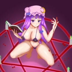 bikini blood blood_on_hands blue_bow bow cameltoe candle covered_nipples crescent crescent_hat_ornament double_bun female hairbow hat hat_ornament highres long_hair magic_circle matching_hair/eyes micro_bikini mob_cap navel patchouli_knowledge puck100ml purple_eyes purple_hair red_bow solo spread_legs squatting swimsuit touhou very_long_hair