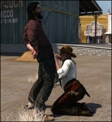 1boy 1girls 3d clothed clothed_sex clothing colmarq fellatio female gun gunbelt holster john_marston oral outdoor outdoor_nudity outdoor_sex outdoors outside red_dead_redemption_(series) red_dead_redemption_2 revolver sadie_adler slushe_(website) spurs straight