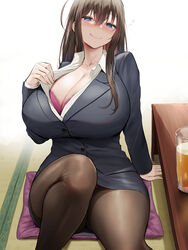 1girls 2021 alcohol beer blue_eyes blush bra bra_peek breasts brown_hair business_casual business_dress business_woman busty cleavage clothed clothed_female drunk female female_focus female_only hips huge_breasts indoors long_hair looking_at_viewer naughty_face oekakizuki office_lady original original_character panties panties_under_pantyhose pantyhose pantyshot pantyshot_(sitting) picot_trim picot_trim_bra pink_bra red_panties sheer_legwear simple_background skirt_suit slim_waist smile suggestive_look teasing teasing_viewer thick_thighs thighs voluptuous wide_hips