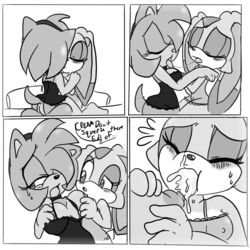 2girls amy_rose anthro anus blush breast breast_grab breast_sucking cream_the_rabbit female female_only furry kissing lactation monochrome perverted_bunny sonic_(series) yuri