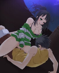 1boy 1girls artist_request black_hair blush bottomless bra female green_eyes male monkey_d_luffy nico_robin one_piece one_piece_film_strong_world pre-timeskip pullover sex spread_legs straddle straight_hair vaginal_penetration