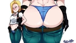 abs android_18 belt big_ass blonde_hair blue_eyes blush cameltoe cleavage curvy dragon_ball gloves jeans milf necklace radlionheart short_hair sweat thong tight tight_fit voluptuous wide_hips