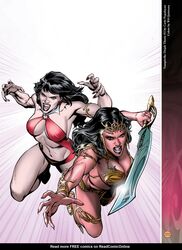 2girls a_princess_of_mars action_pose attack barsoom black_hair bracelet brown_eyes carlo_pagulayan charging crossover dejah_thoris fangs fit_female holding_weapon john_carter_of_mars large_breasts loincloth long_hair martian official_art pink_skin red_eyes revealing_clothes royalty sword vampire vampirella voluptuous wil_quintana