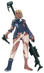 1girls barefoot blonde_hair breasts dark_skin feet female firearm flcl gun handgun kitsurubami leggings military military_uniform one_shoe pistol ramb_chop rifle short_hair single_shoe sketch sniper_rifle solo standing torn_clothes underboob uniform weapon white_background