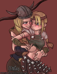 2girls astrid_hofferson blonde_hair blue_eyes female freckles helmet how_to_train_your_dragon multiple_girls ruffnut_thorston skirt spiked_skirt teenager twin_braids viking wink yamino yuri