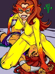 2girls @$$ angelica_jones crossover cunnilingus dc facesitting female female_only firestar_(marvel) human interspecies interspecies_yuri koriand'r light-skinned_female light_skin marvel multiple_girls pennicandies spider-man_(series) spider-man_and_his_amazing_friends starfire straight_hair teen_titans yuri