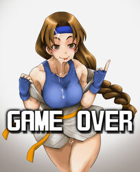 art_of_fighting artist_request blue_gloves blue_headband brown_eyebrows brown_eyes brown_hair cum cum_on_face english_text eyebrows female gloves headband k.o. king_of_fighters looking_at_viewer muscular muscular_female no_panties no_pants snk tagme topwear yellow_belt yuri_sakazaki