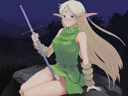 1girls 2007 blonde_hair blush breasts censored crotch_rub curvaceous deedlit dress elf ericorpo female green_eyes hair highres humanoid jewelry large_breasts long_hair masturbation night outdoors pale-skinned_female pale_skin pointy_ears record_of_lodoss_war very_long_hair wide_hips