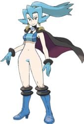 blue_hair boots bottomless clair_(pokemon) clair_(pokemon_hgss) color edit female female_only footwear front_view human human_only nintendo official_artwork_edit pokemon pokemon_hgss solo standing