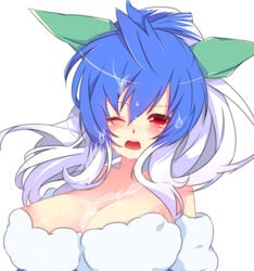 blue_hair blush breasts bust cum cum_on_body cum_on_breasts cum_on_hair cum_on_upper_body facial female highres jumpluff large_breasts long_hair multicolored_hair nakamura_sandayo nintendo nipples open_mouth personification pokemon red_eyes simple_background solo tongue white_background white_hair wink