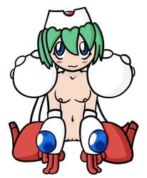 :3 android blush breasts cute green_hair kneeling large_eyes machine marina_liteyears mechanical mischief_makers nipples power_armor pussy short_hair simple_background simple_coloring simple_face simple_shading tagme