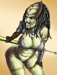 1girls 2d areola_slip bikini_armor breasts dreadlocks female female_only female_yautja fingerless_gloves large_breasts mandibles monster_girl no_humans polearm predator_(franchise) solo solo_female spear weapon wink yautja