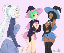 2girls 3girls big_breasts blue_eyes blush breasts ciel_soleil costumes dark_blue_hair female female_focus female_only green_eyes green_hair halloween multiple_girls reese_chloris rwby seductive_pose tagme tagme_(character) weiss_schnee white_hair witch_hat yuri zronku