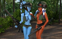 2girls 3d aayla_secura ahsoka_tano booty_shorts breasts female female_only huge_breasts jungle kondaspeter outside rebel_alliance_symbol scarif skimpy_clothes standing star_wars tactical_bra tactical_nudity tagme the_clone_wars:_season_four togruta twi'lek weapon